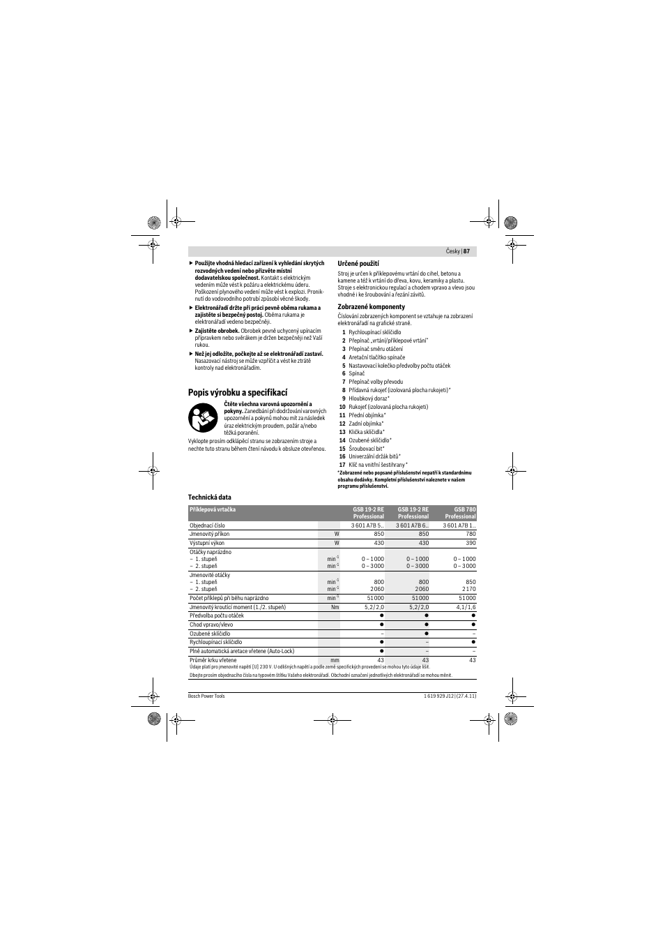 Popis výrobku a specifikací | Bosch GSB 19-2 RE Professional User Manual | Page 87 / 172