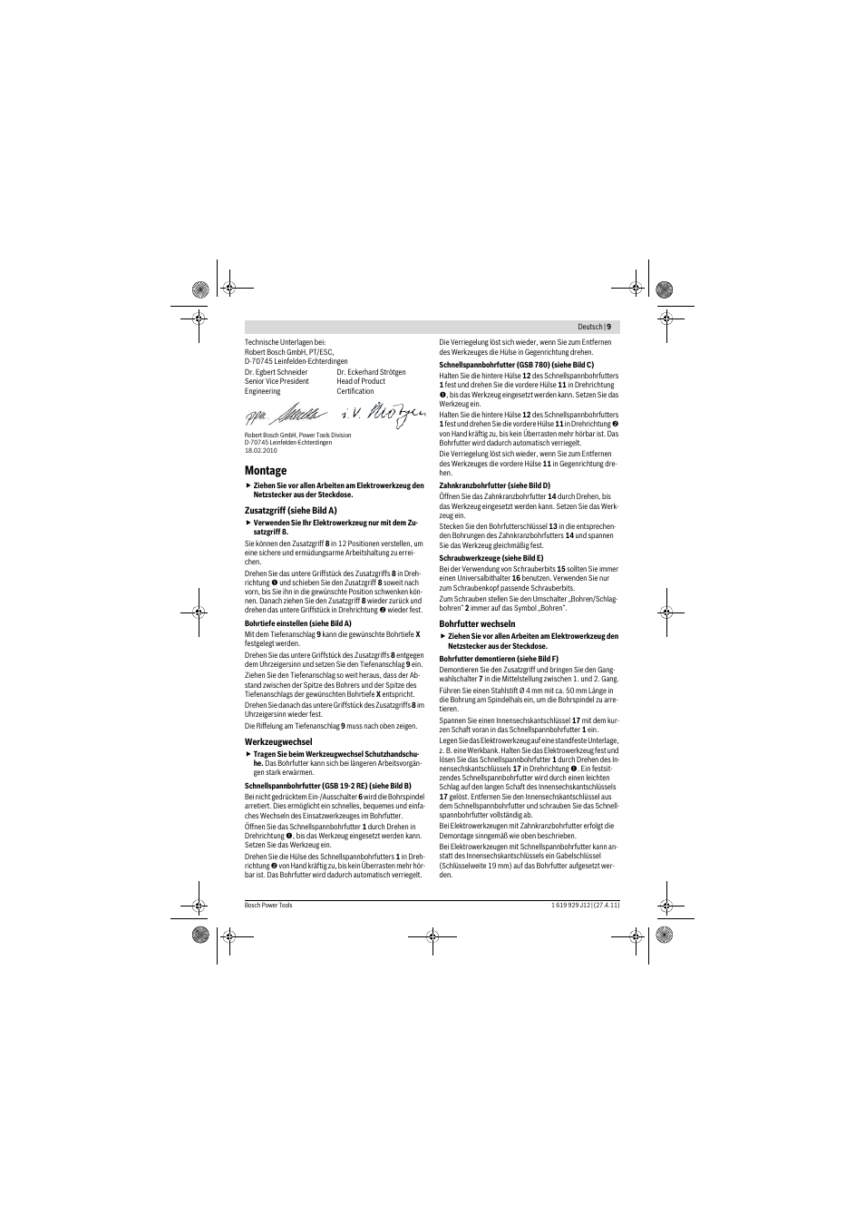 Montage | Bosch GSB 19-2 RE Professional User Manual | Page 9 / 172
