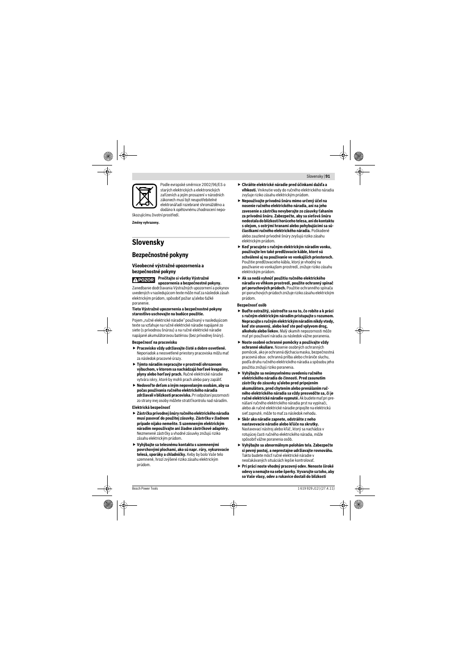 Slovensky, Bezpečnostné pokyny | Bosch GSB 19-2 RE Professional User Manual | Page 91 / 172