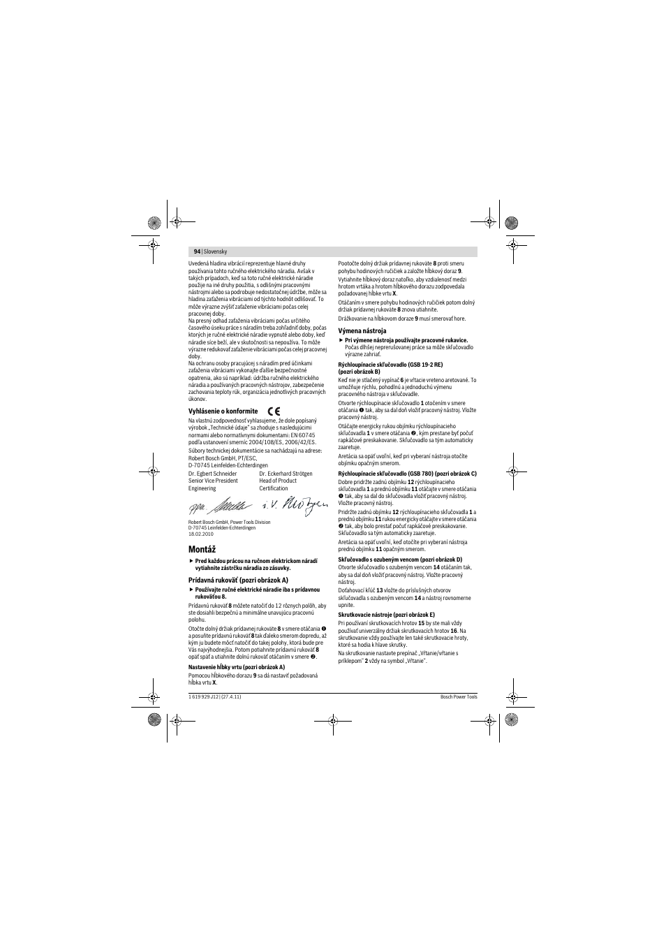 Montáž | Bosch GSB 19-2 RE Professional User Manual | Page 94 / 172
