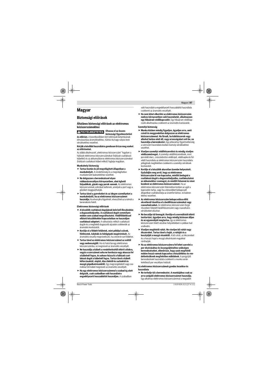 Magyar, Biztonsági előírások | Bosch GSB 19-2 RE Professional User Manual | Page 97 / 172
