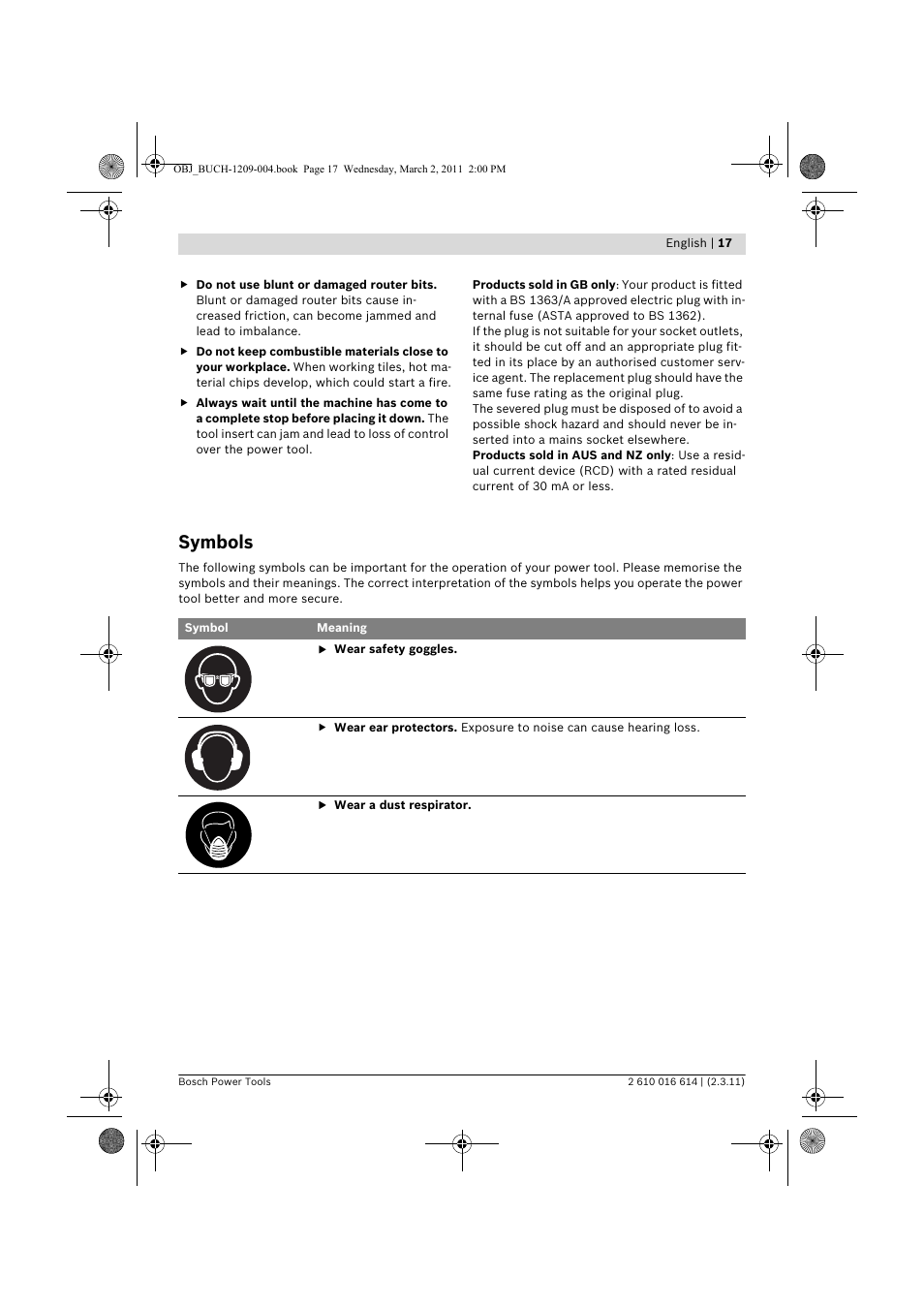 Symbols | Bosch GTR 30 CE Professional User Manual | Page 17 / 256