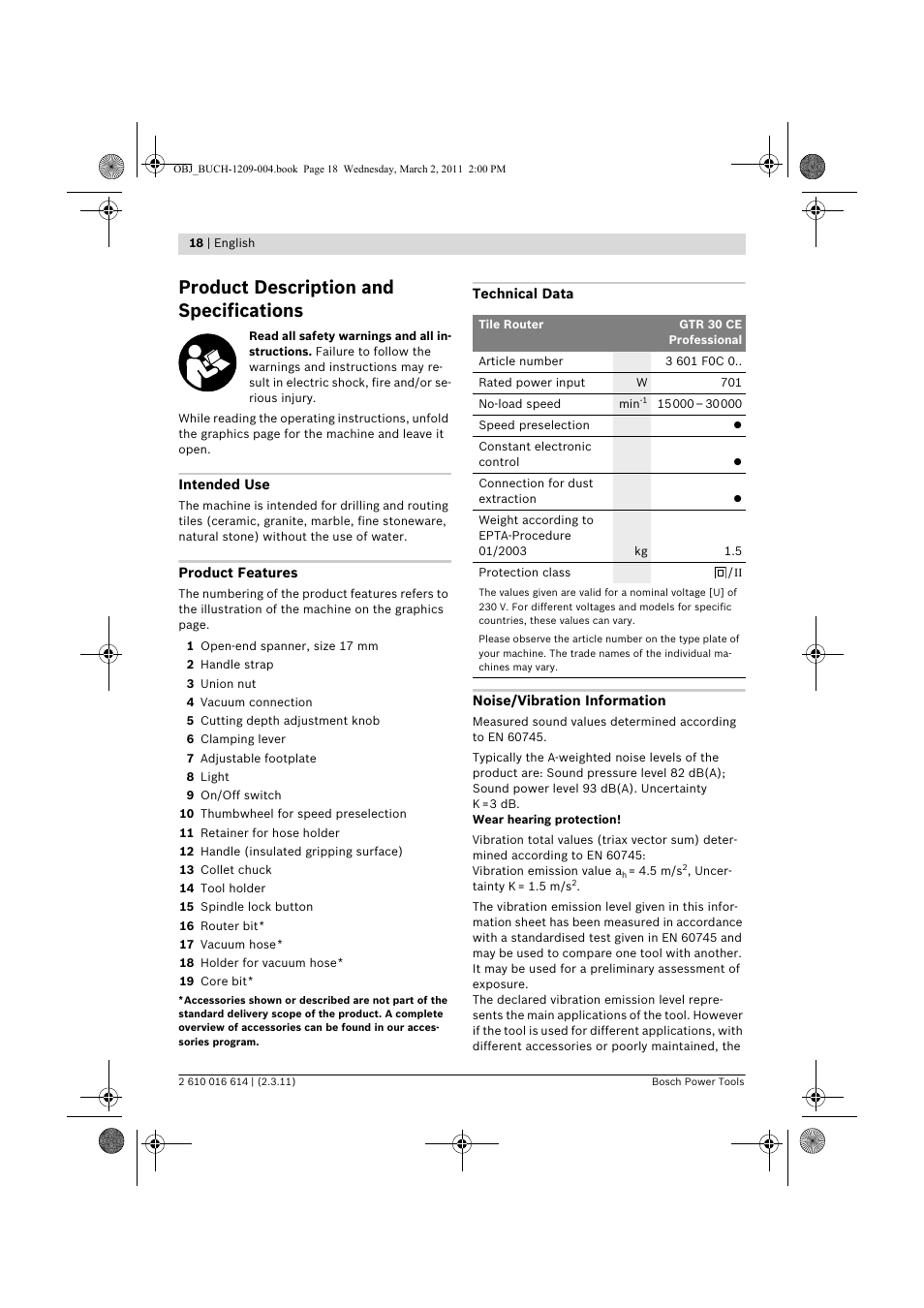 Product description and specifications | Bosch GTR 30 CE Professional User Manual | Page 18 / 256