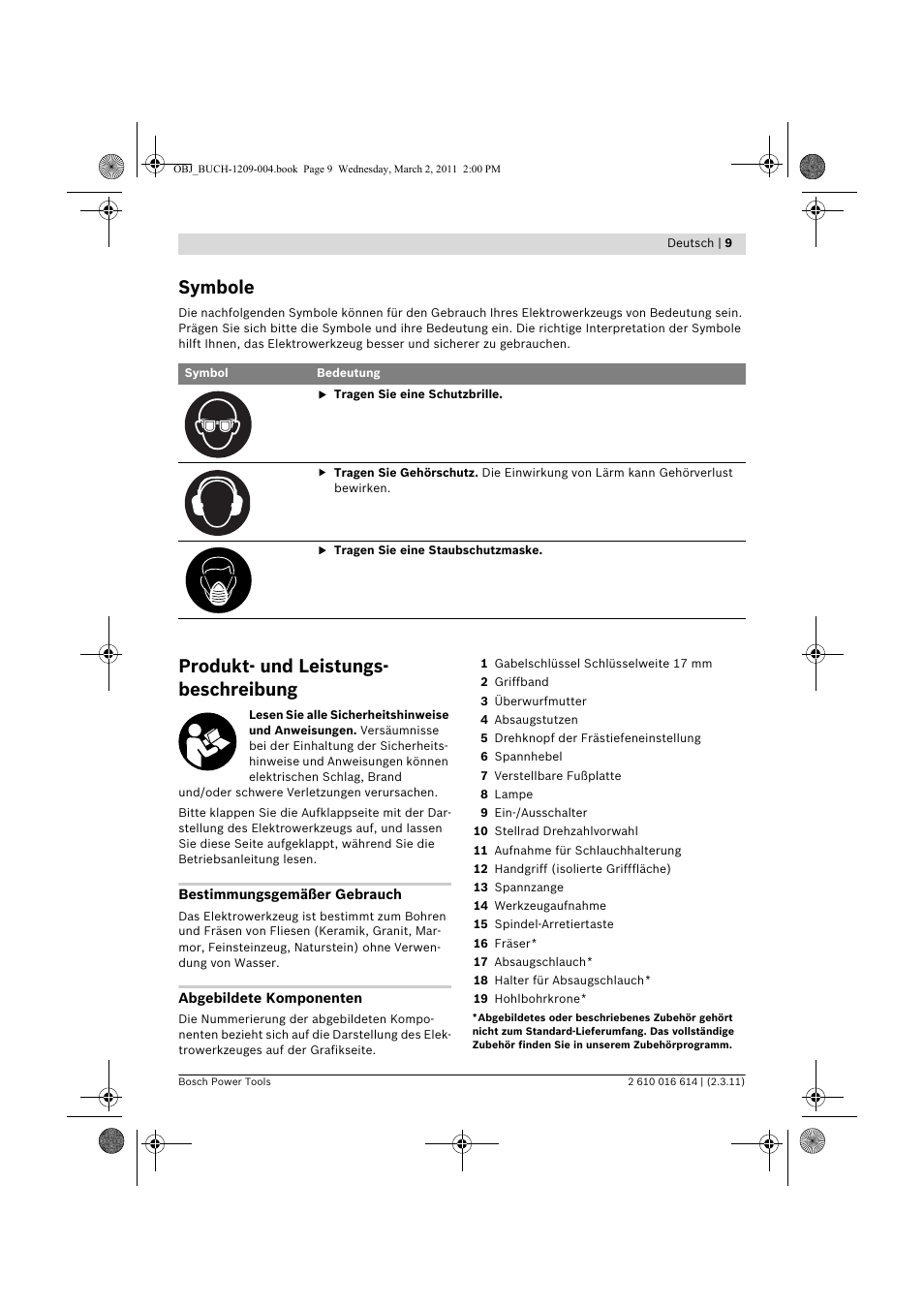 Symbole, Produkt- und leistungs- beschreibung | Bosch GTR 30 CE Professional User Manual | Page 9 / 256