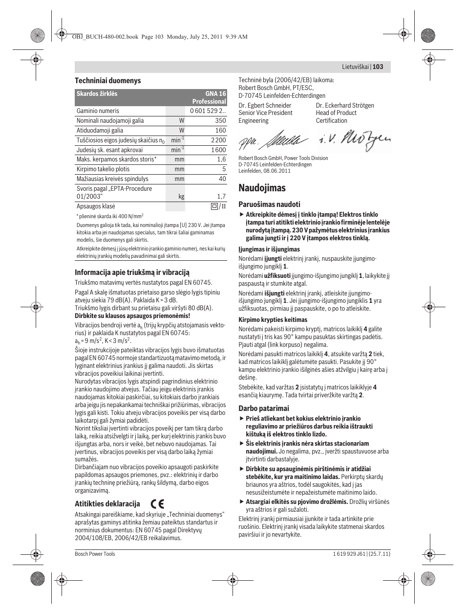 Naudojimas | Bosch GNA 16 (SDS) Professional User Manual | Page 103 / 112