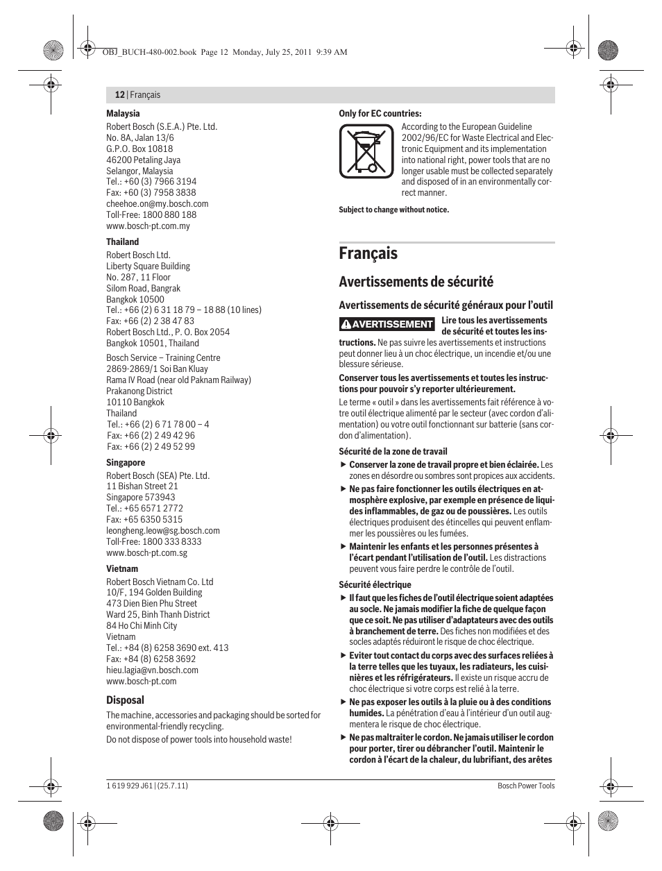 Français, Avertissements de sécurité | Bosch GNA 16 (SDS) Professional User Manual | Page 12 / 112