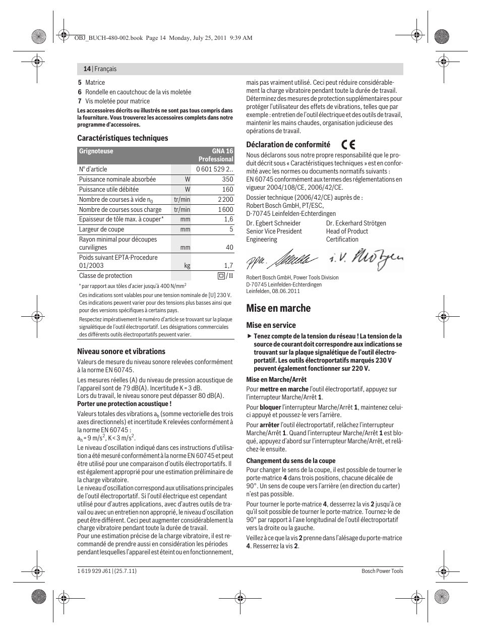 Mise en marche | Bosch GNA 16 (SDS) Professional User Manual | Page 14 / 112