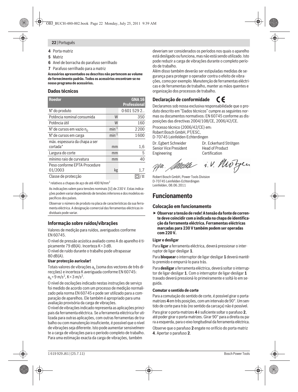 Funcionamento | Bosch GNA 16 (SDS) Professional User Manual | Page 22 / 112