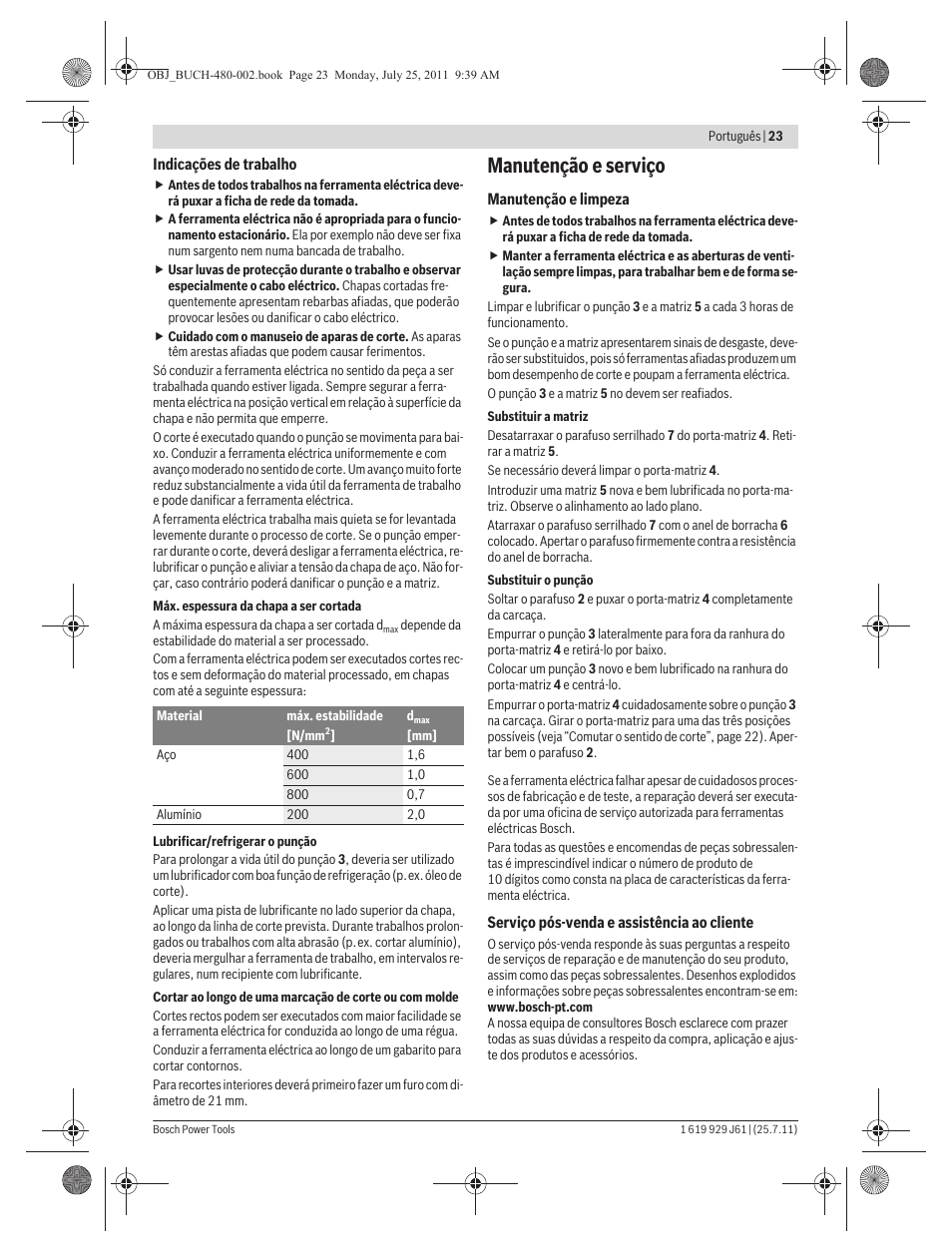 Manutenção e serviço | Bosch GNA 16 (SDS) Professional User Manual | Page 23 / 112