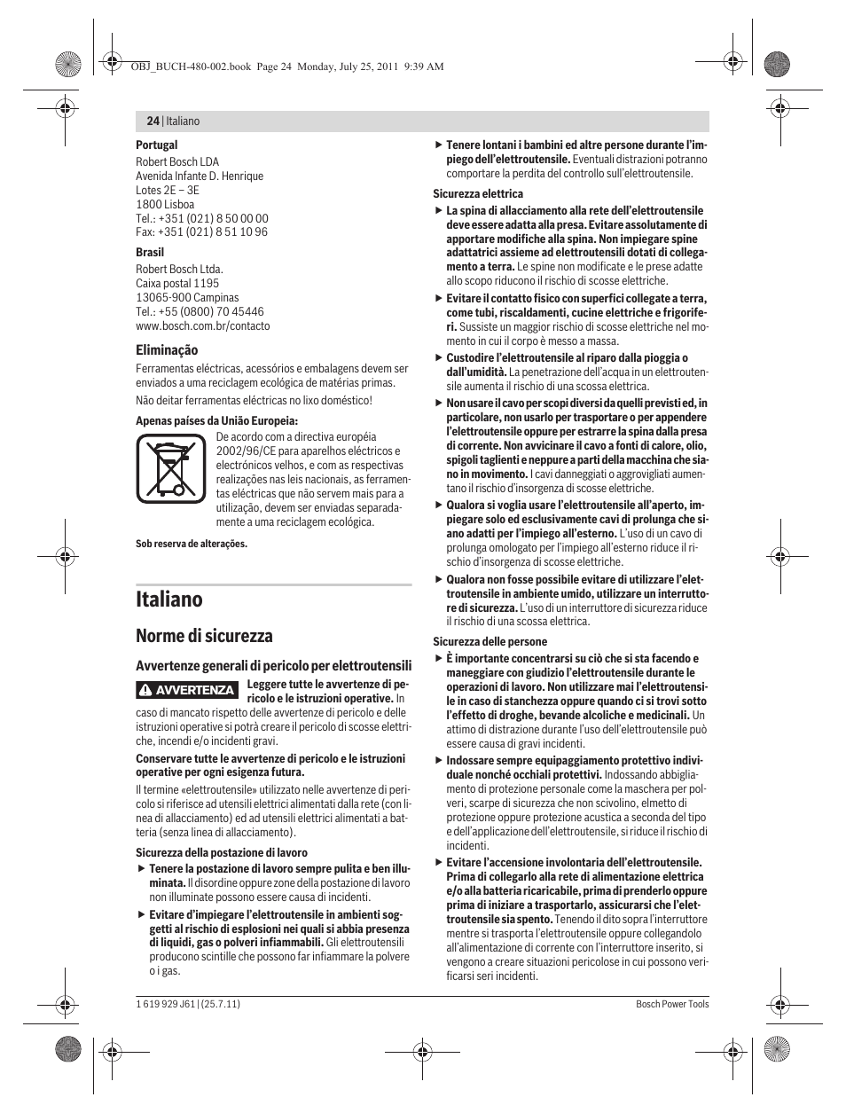 Italiano, Norme di sicurezza | Bosch GNA 16 (SDS) Professional User Manual | Page 24 / 112