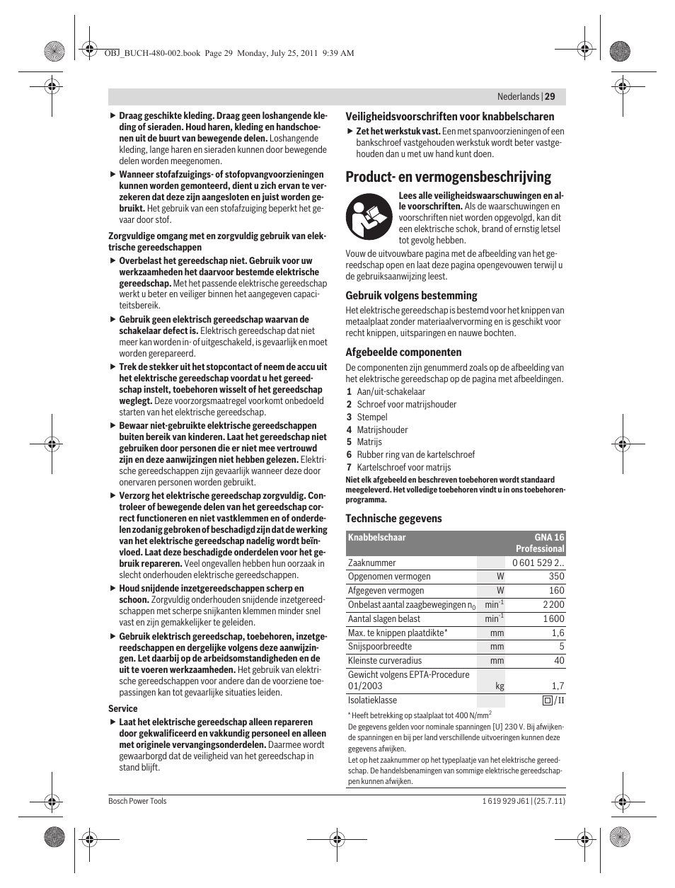 Product- en vermogensbeschrijving | Bosch GNA 16 (SDS) Professional User Manual | Page 29 / 112