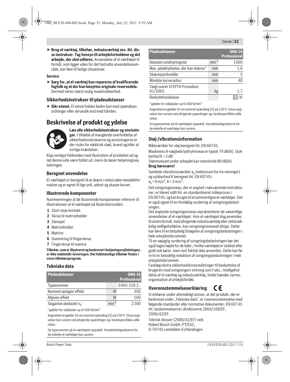 Beskrivelse af produkt og ydelse | Bosch GNA 16 (SDS) Professional User Manual | Page 33 / 112