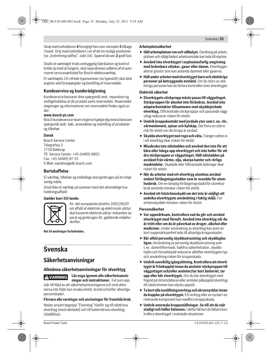 Svenska, Säkerhetsanvisningar | Bosch GNA 16 (SDS) Professional User Manual | Page 35 / 112