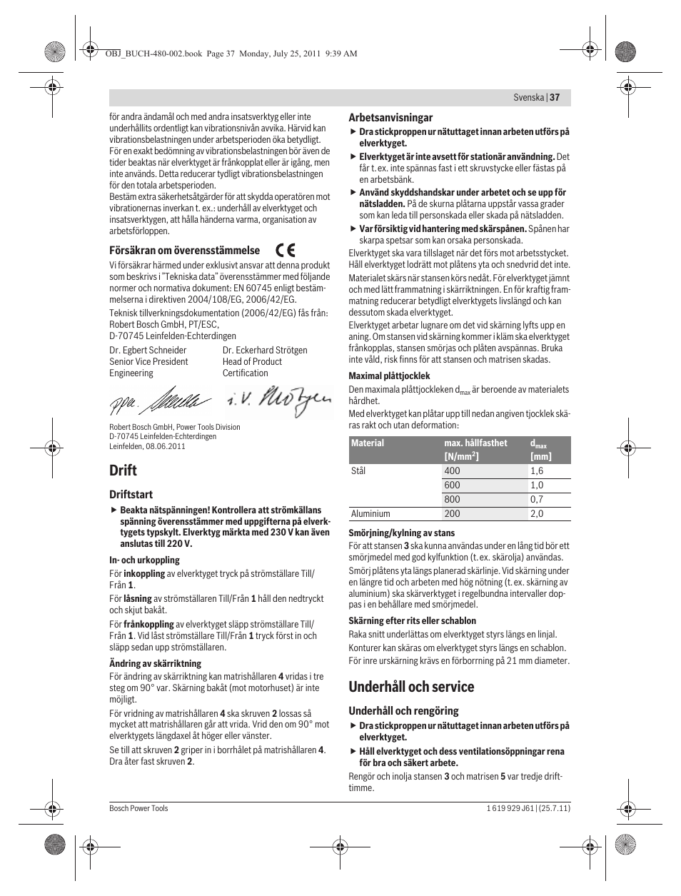 Drift, Underhåll och service | Bosch GNA 16 (SDS) Professional User Manual | Page 37 / 112