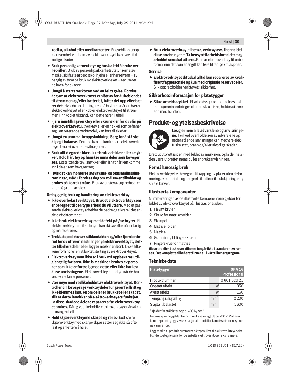 Produkt- og ytelsesbeskrivelse | Bosch GNA 16 (SDS) Professional User Manual | Page 39 / 112