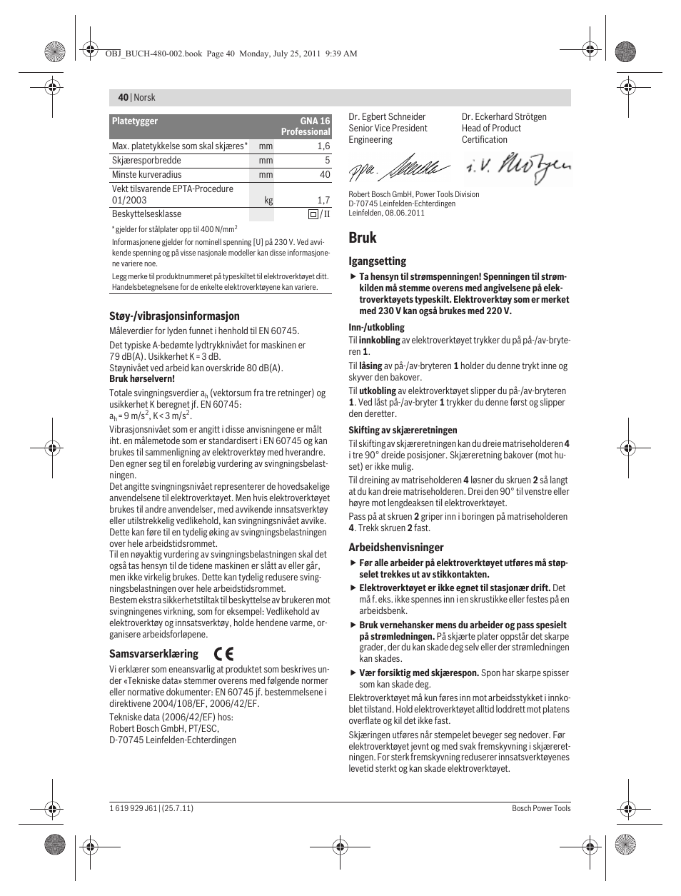 Bruk | Bosch GNA 16 (SDS) Professional User Manual | Page 40 / 112