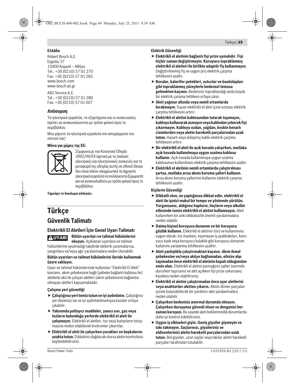 Türkçe, Güvenlik talimat | Bosch GNA 16 (SDS) Professional User Manual | Page 49 / 112