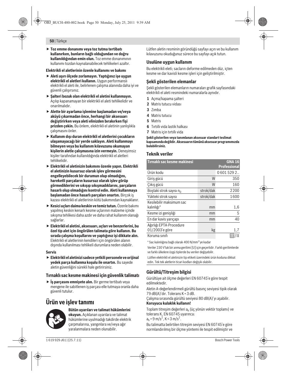 Ürün ve işlev tan m | Bosch GNA 16 (SDS) Professional User Manual | Page 50 / 112