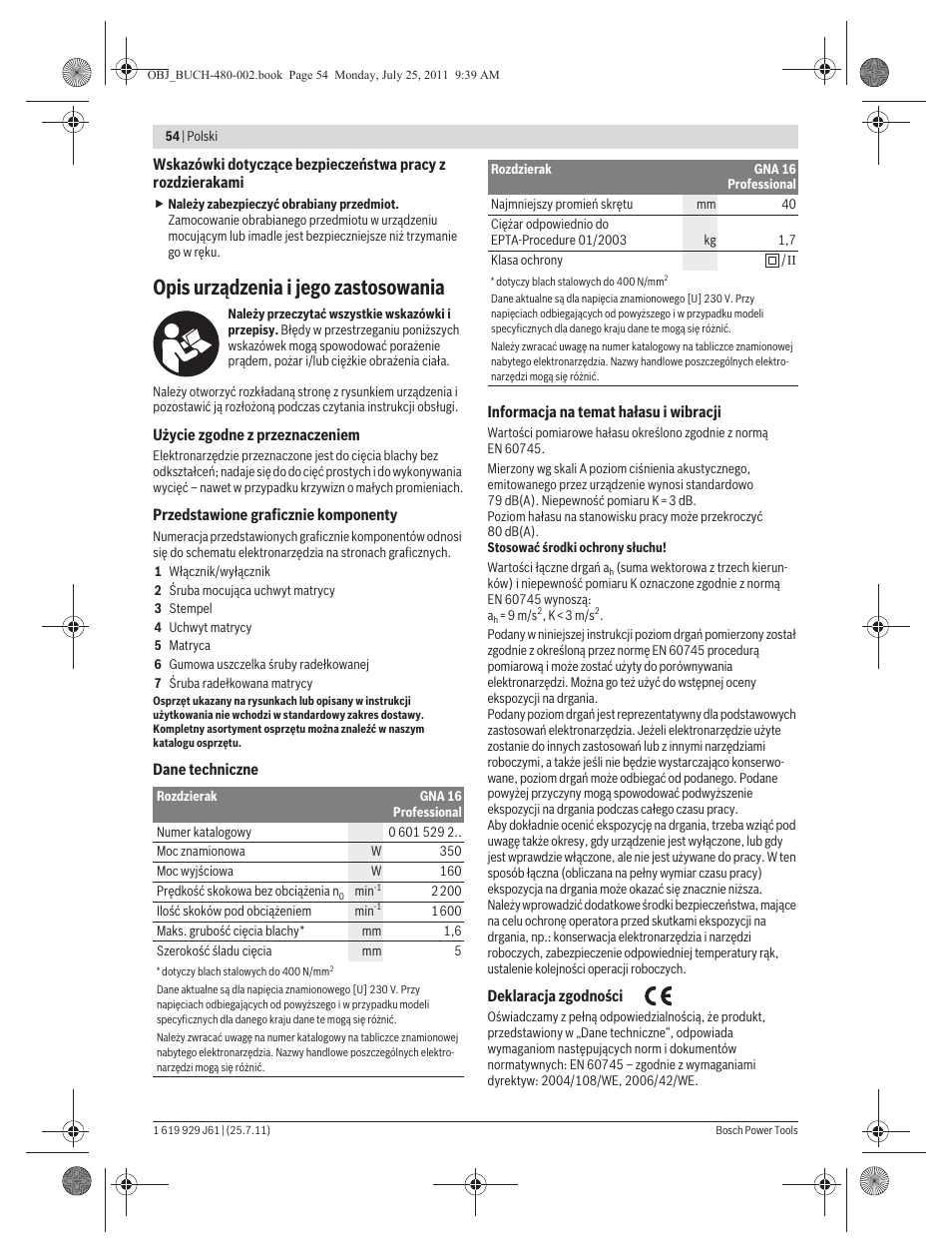 Opis urządzenia i jego zastosowania | Bosch GNA 16 (SDS) Professional User Manual | Page 54 / 112