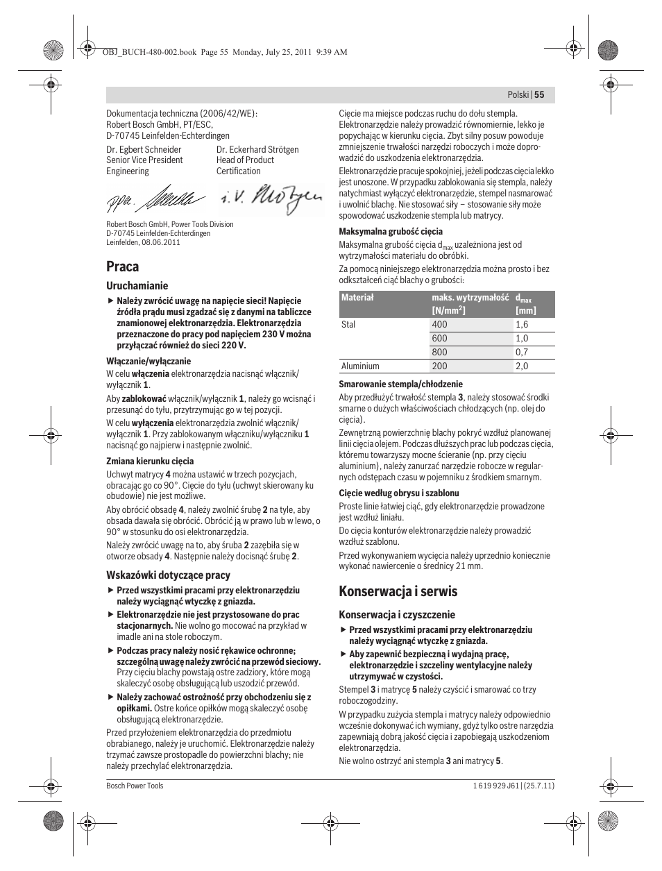 Praca, Konserwacja i serwis | Bosch GNA 16 (SDS) Professional User Manual | Page 55 / 112