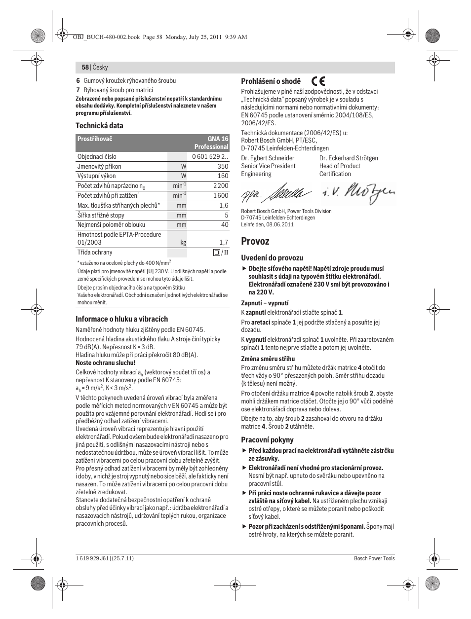 Provoz | Bosch GNA 16 (SDS) Professional User Manual | Page 58 / 112