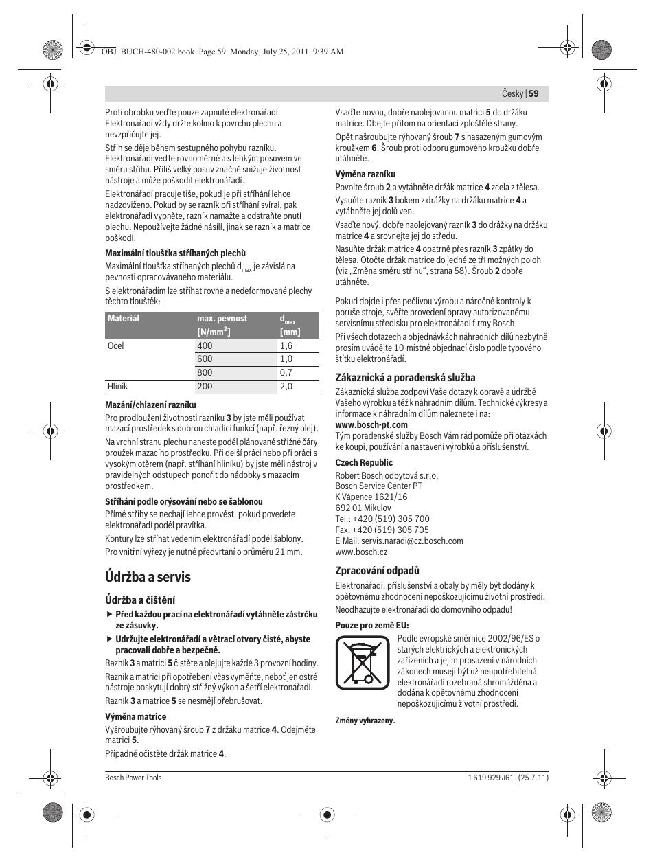 Údržba a servis | Bosch GNA 16 (SDS) Professional User Manual | Page 59 / 112