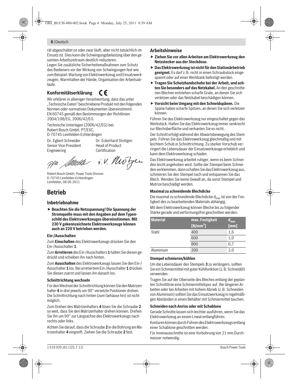 Betrieb | Bosch GNA 16 (SDS) Professional User Manual | Page 6 / 112