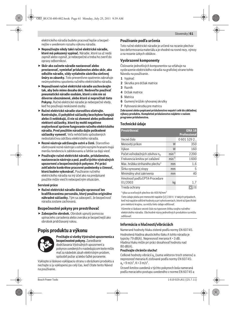 Popis produktu a výkonu | Bosch GNA 16 (SDS) Professional User Manual | Page 61 / 112