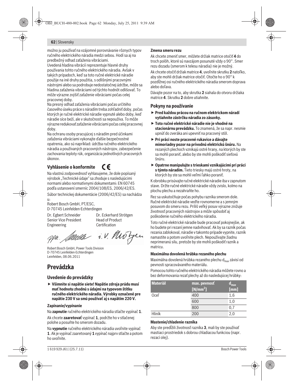 Prevádzka | Bosch GNA 16 (SDS) Professional User Manual | Page 62 / 112
