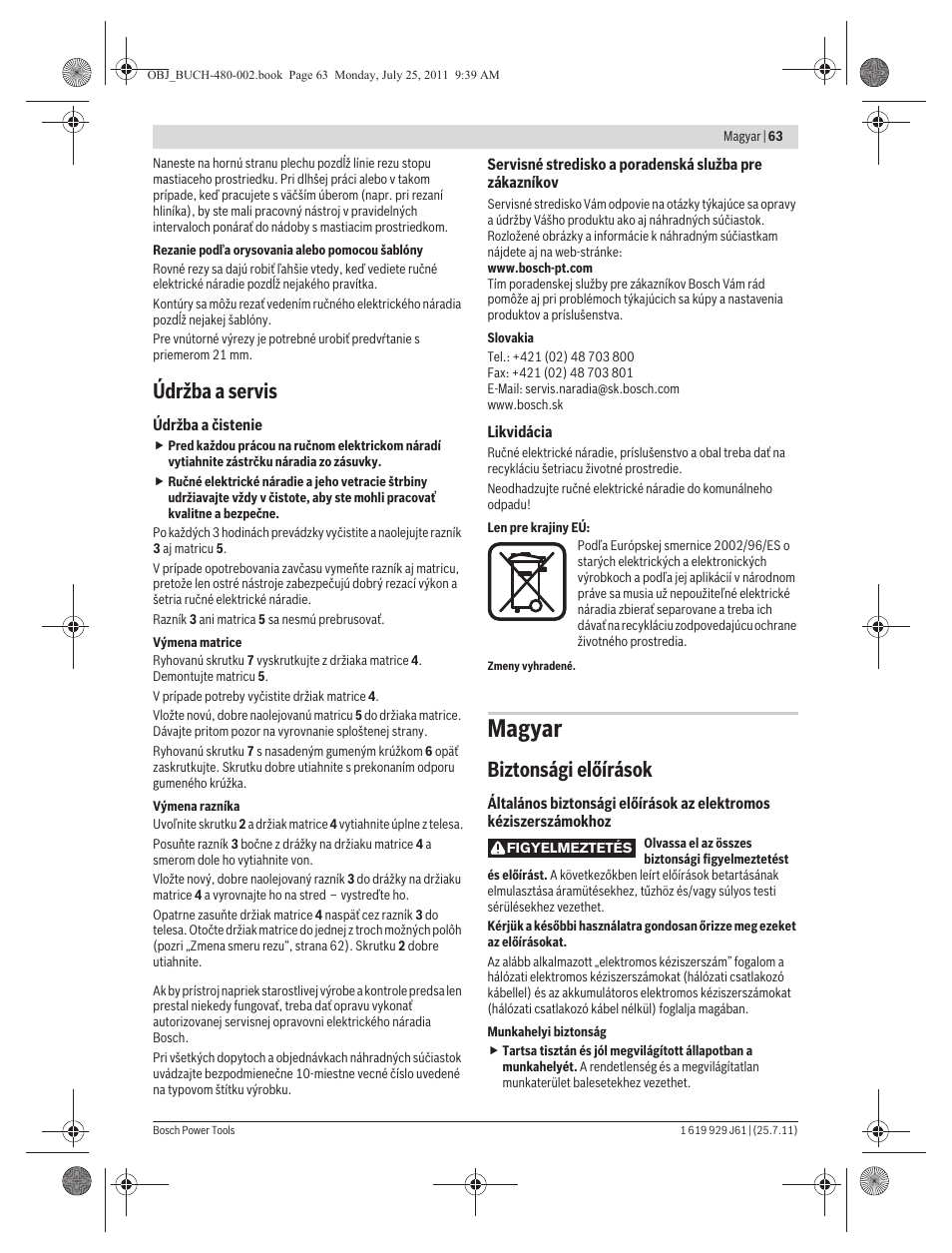 Magyar, Údržba a servis, Biztonsági előírások | Bosch GNA 16 (SDS) Professional User Manual | Page 63 / 112