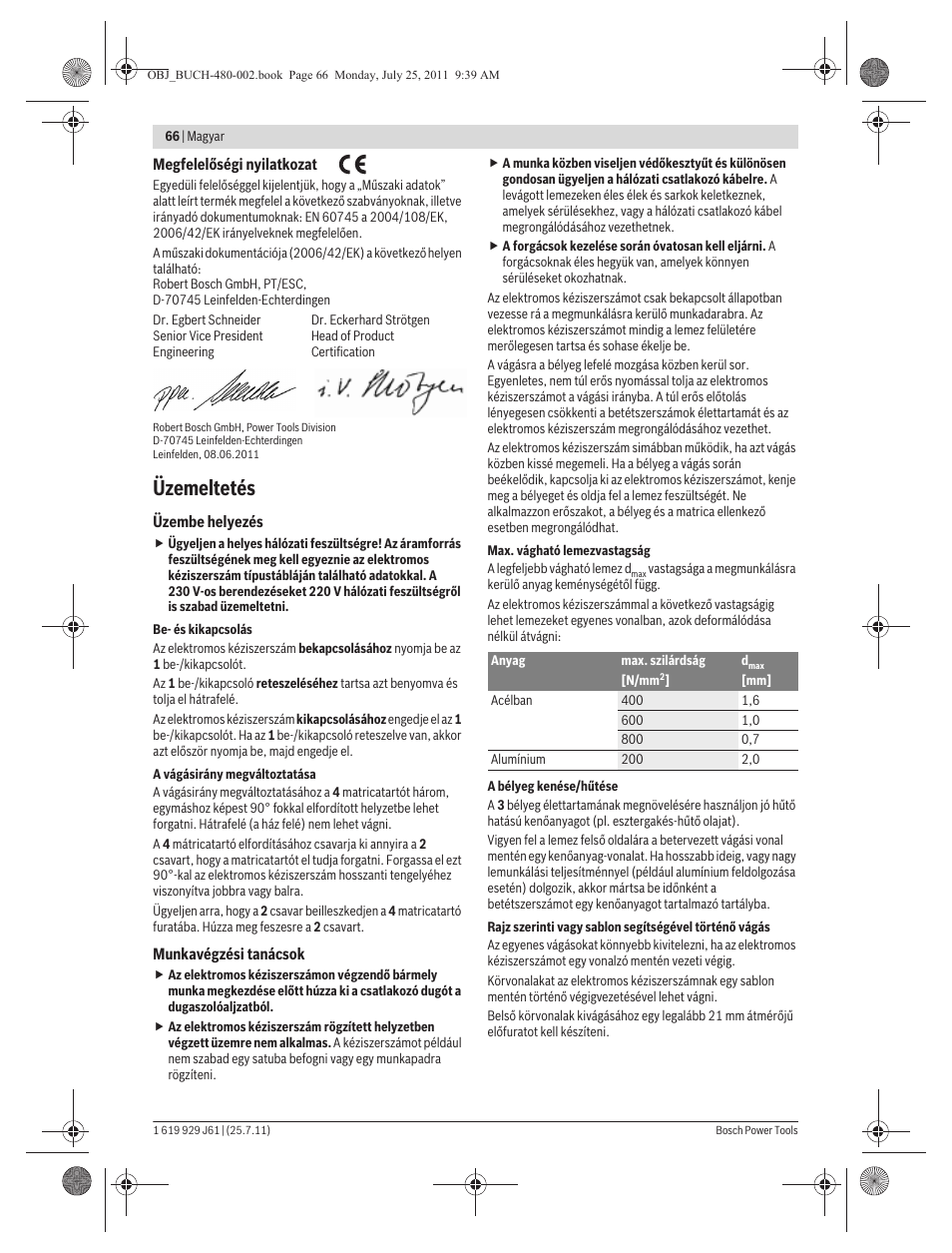 Üzemeltetés | Bosch GNA 16 (SDS) Professional User Manual | Page 66 / 112