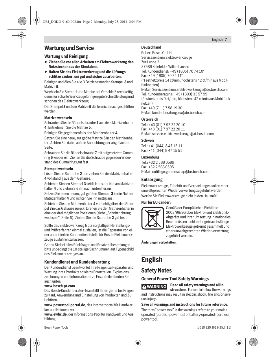 English, Wartung und service | Bosch GNA 16 (SDS) Professional User Manual | Page 7 / 112