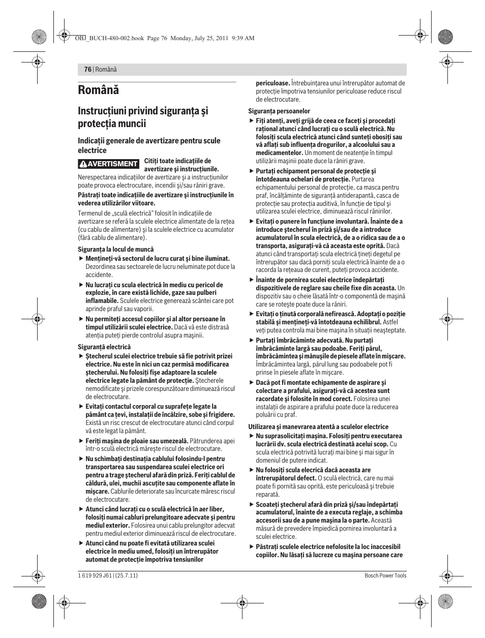 Română, Instrucţiuni privind siguranţa şi protecţia muncii | Bosch GNA 16 (SDS) Professional User Manual | Page 76 / 112