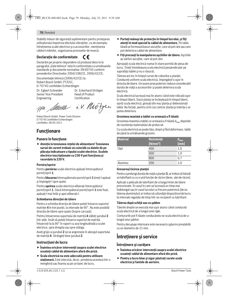 Funcţionare, Întreţinere şi service | Bosch GNA 16 (SDS) Professional User Manual | Page 78 / 112