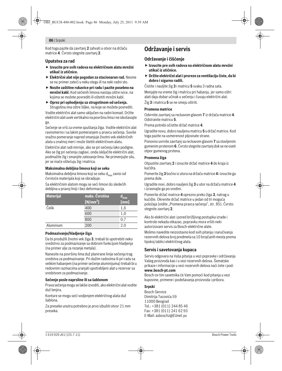Održavanje i servis | Bosch GNA 16 (SDS) Professional User Manual | Page 86 / 112