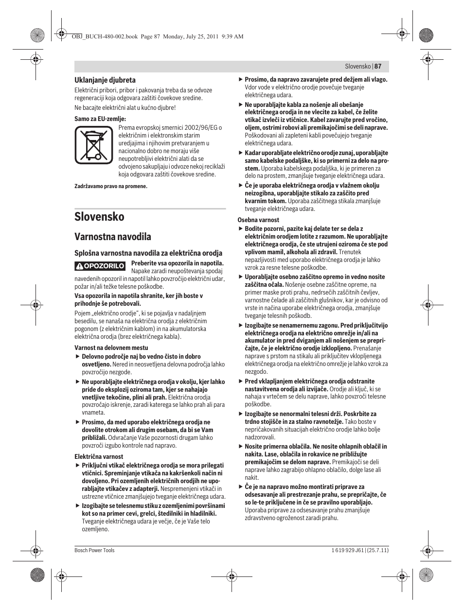 Slovensko, Varnostna navodila | Bosch GNA 16 (SDS) Professional User Manual | Page 87 / 112