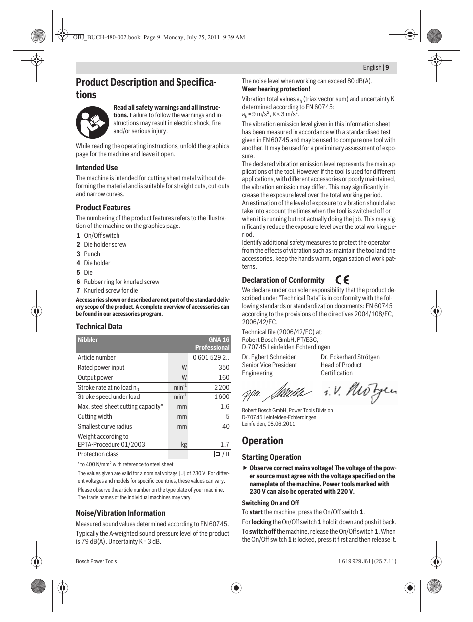 Product description and specifica- tions, Operation | Bosch GNA 16 (SDS) Professional User Manual | Page 9 / 112