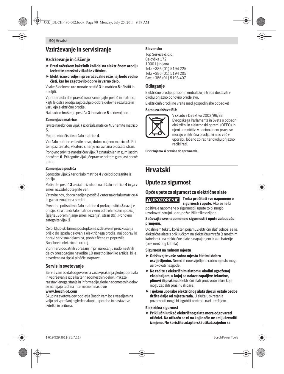 Hrvatski, Vzdrževanje in servisiranje, Upute za sigurnost | Bosch GNA 16 (SDS) Professional User Manual | Page 90 / 112