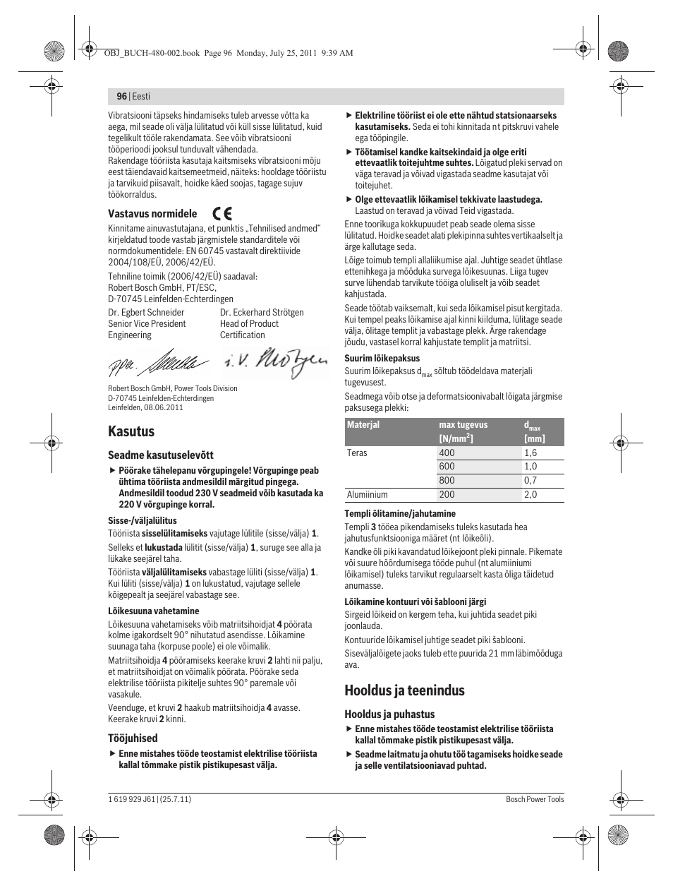 Kasutus, Hooldus ja teenindus | Bosch GNA 16 (SDS) Professional User Manual | Page 96 / 112