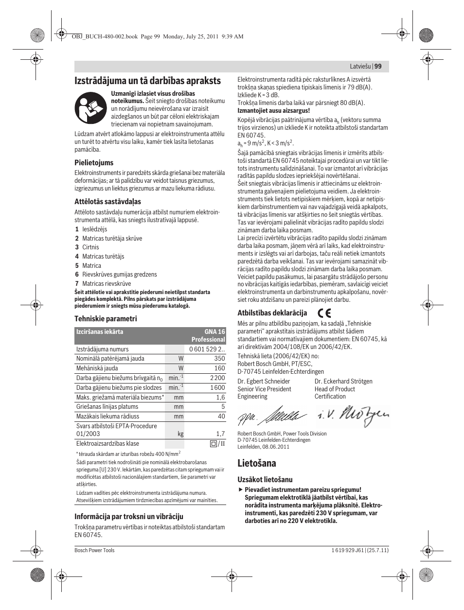Izstrādājuma un tā darbības apraksts, Lietošana | Bosch GNA 16 (SDS) Professional User Manual | Page 99 / 112