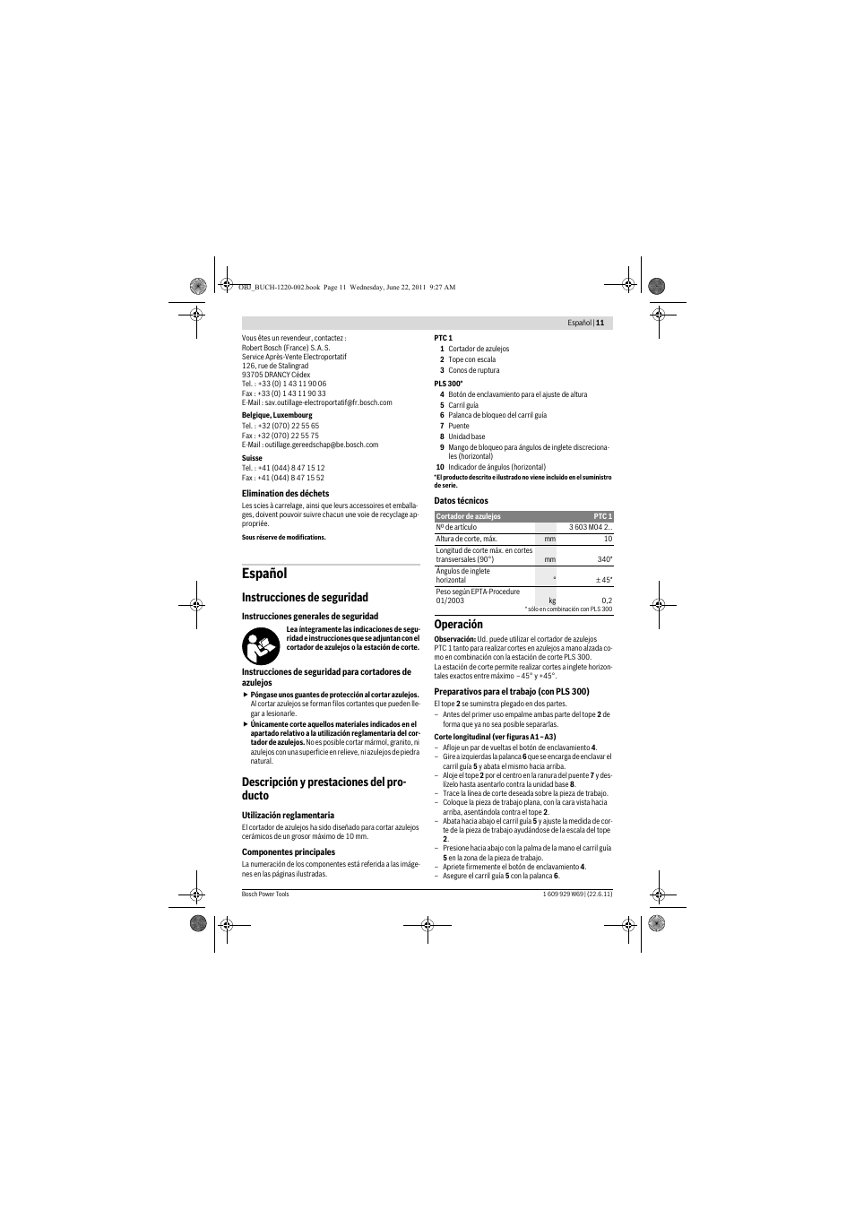 Español, Instrucciones de seguridad, Descripción y prestaciones del pro- ducto | Operación | Bosch PTC 1 User Manual | Page 11 / 54