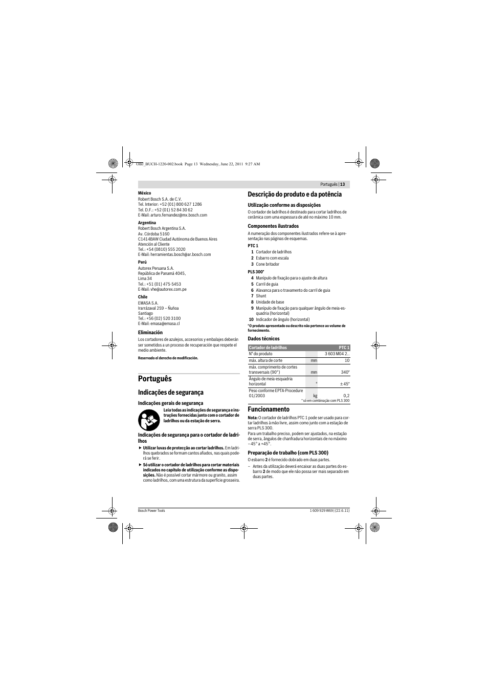 Português, Indicações de segurança, Descrição do produto e da potência | Funcionamento | Bosch PTC 1 User Manual | Page 13 / 54