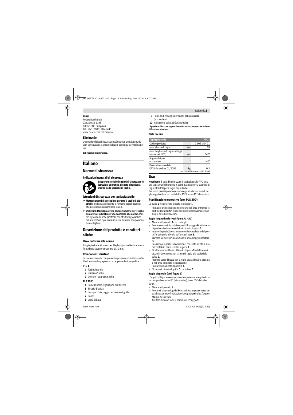 Italiano, Norme di sicurezza, Descrizione del prodotto e caratteri- stiche | Bosch PTC 1 User Manual | Page 15 / 54