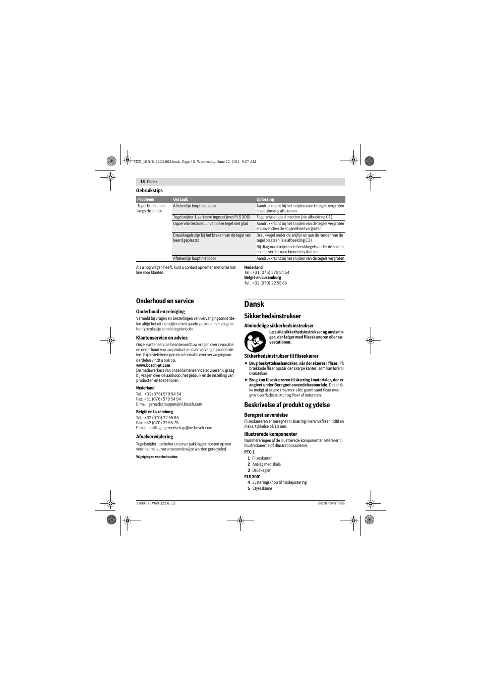 Dansk, Onderhoud en service, Sikkerhedsinstrukser | Beskrivelse af produkt og ydelse | Bosch PTC 1 User Manual | Page 18 / 54