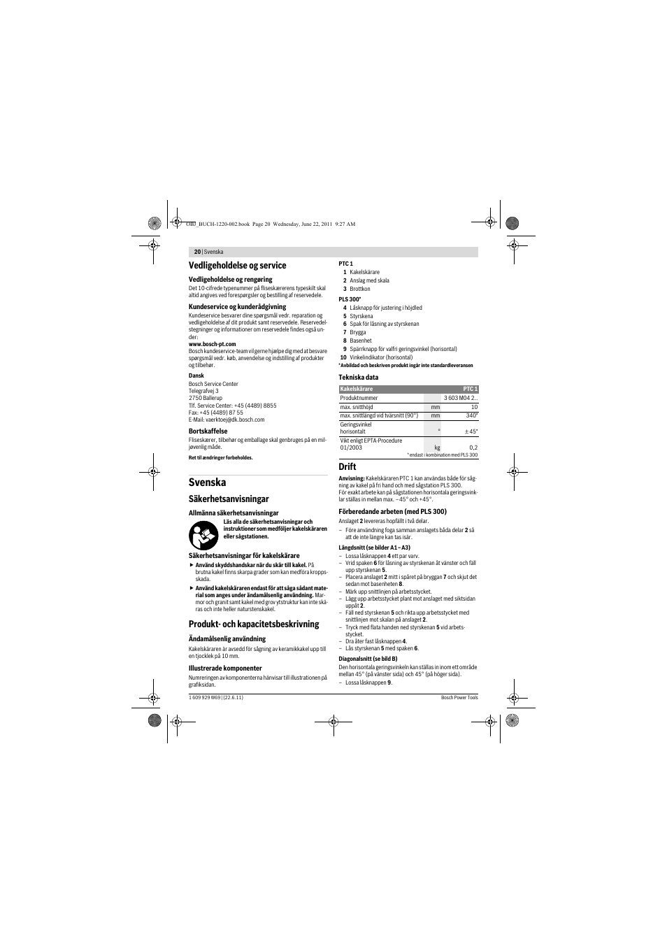 Svenska, Vedligeholdelse og service, Säkerhetsanvisningar | Produkt- och kapacitetsbeskrivning, Drift | Bosch PTC 1 User Manual | Page 20 / 54