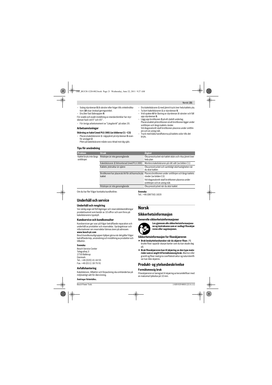 Norsk, Underhåll och service, Sikkerhetsinformasjon | Produkt- og ytelsesbeskrivelse | Bosch PTC 1 User Manual | Page 21 / 54