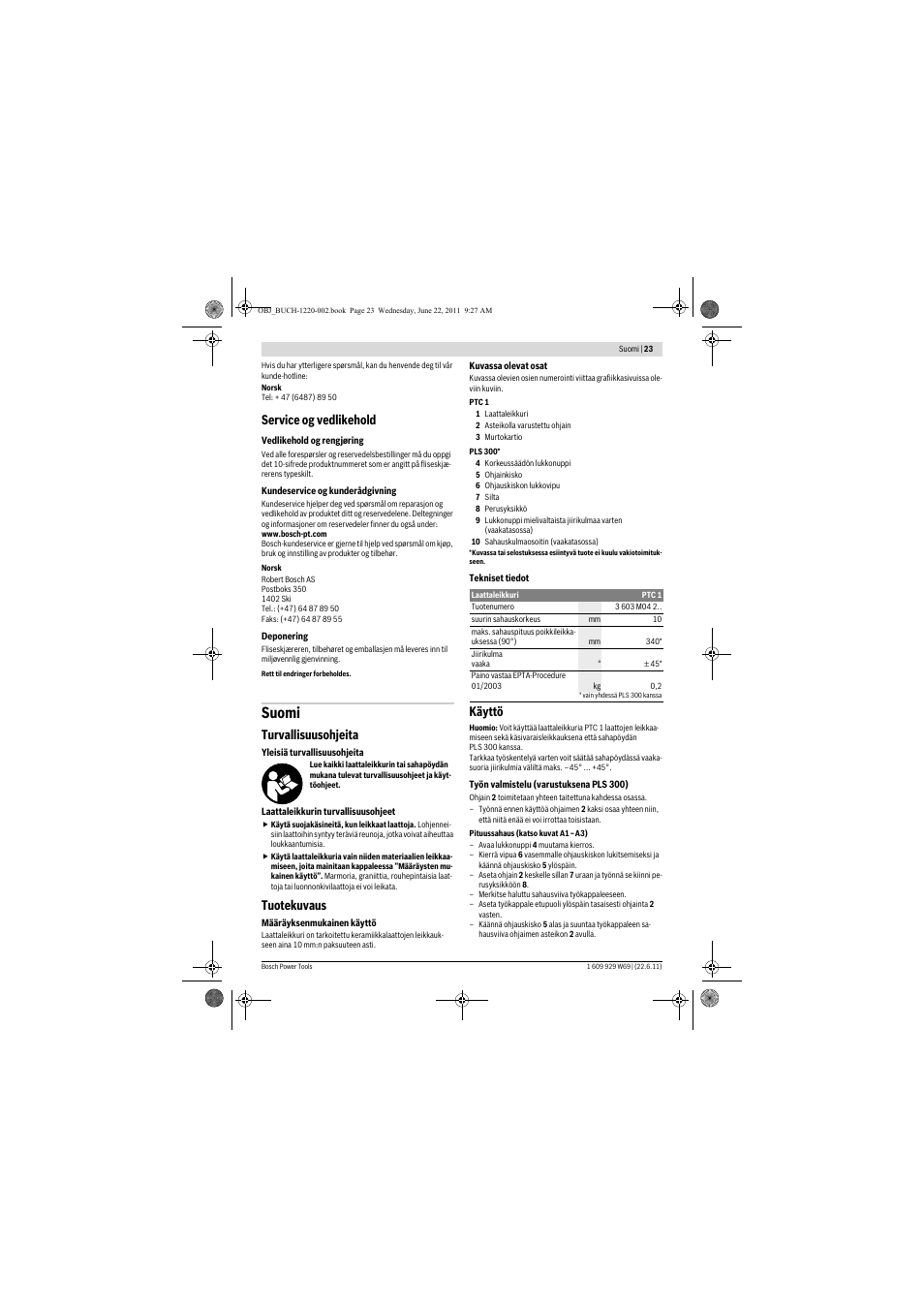 Suomi, Service og vedlikehold, Turvallisuusohjeita | Tuotekuvaus, Käyttö | Bosch PTC 1 User Manual | Page 23 / 54