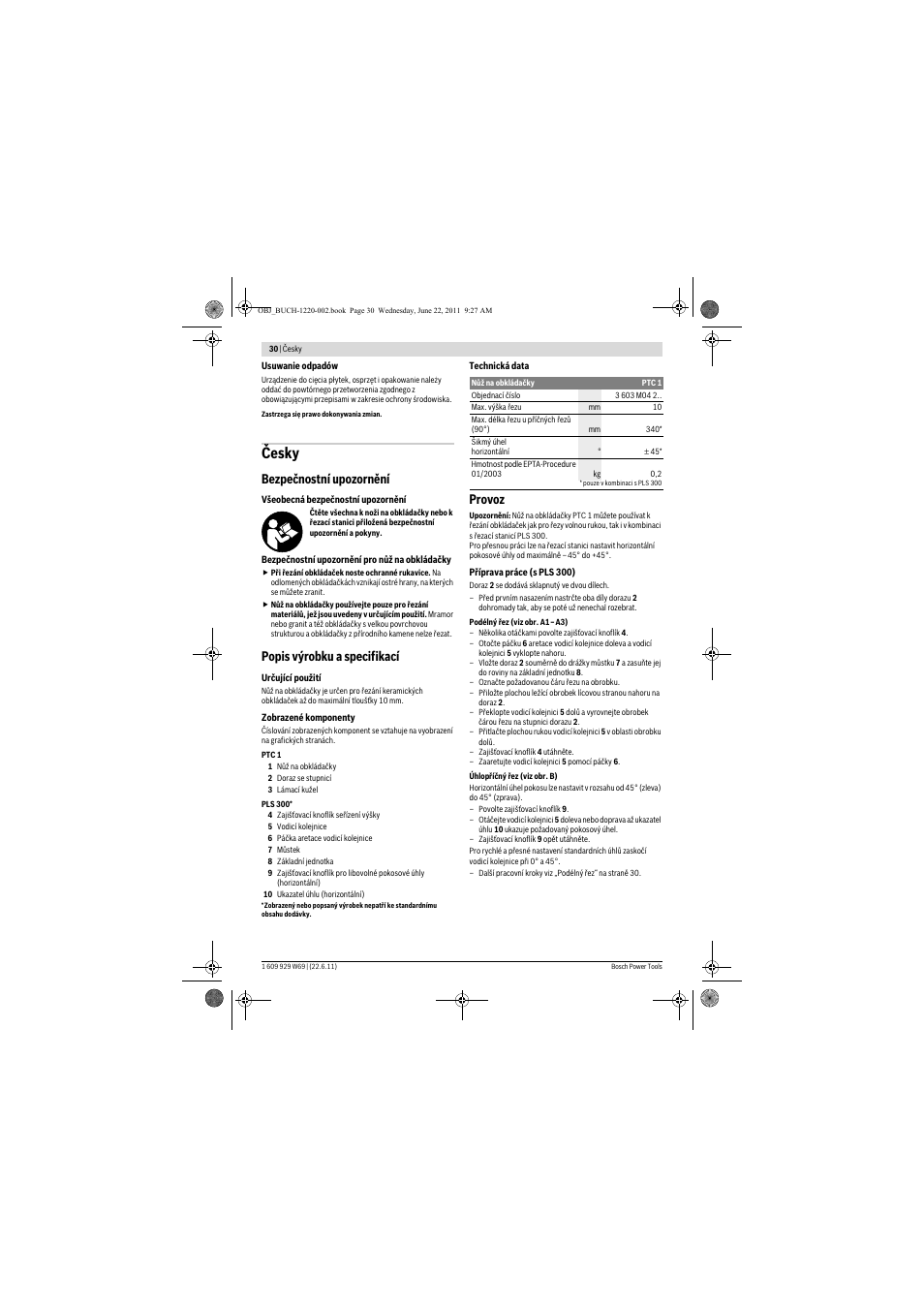 Česky, Bezpečnostní upozornění, Popis výrobku a specifikací | Provoz | Bosch PTC 1 User Manual | Page 30 / 54