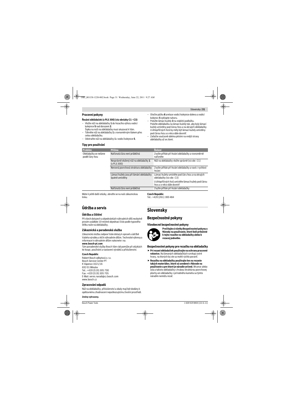 Slovensky, Údržba a servis, Bezpečnostné pokyny | Bosch PTC 1 User Manual | Page 31 / 54