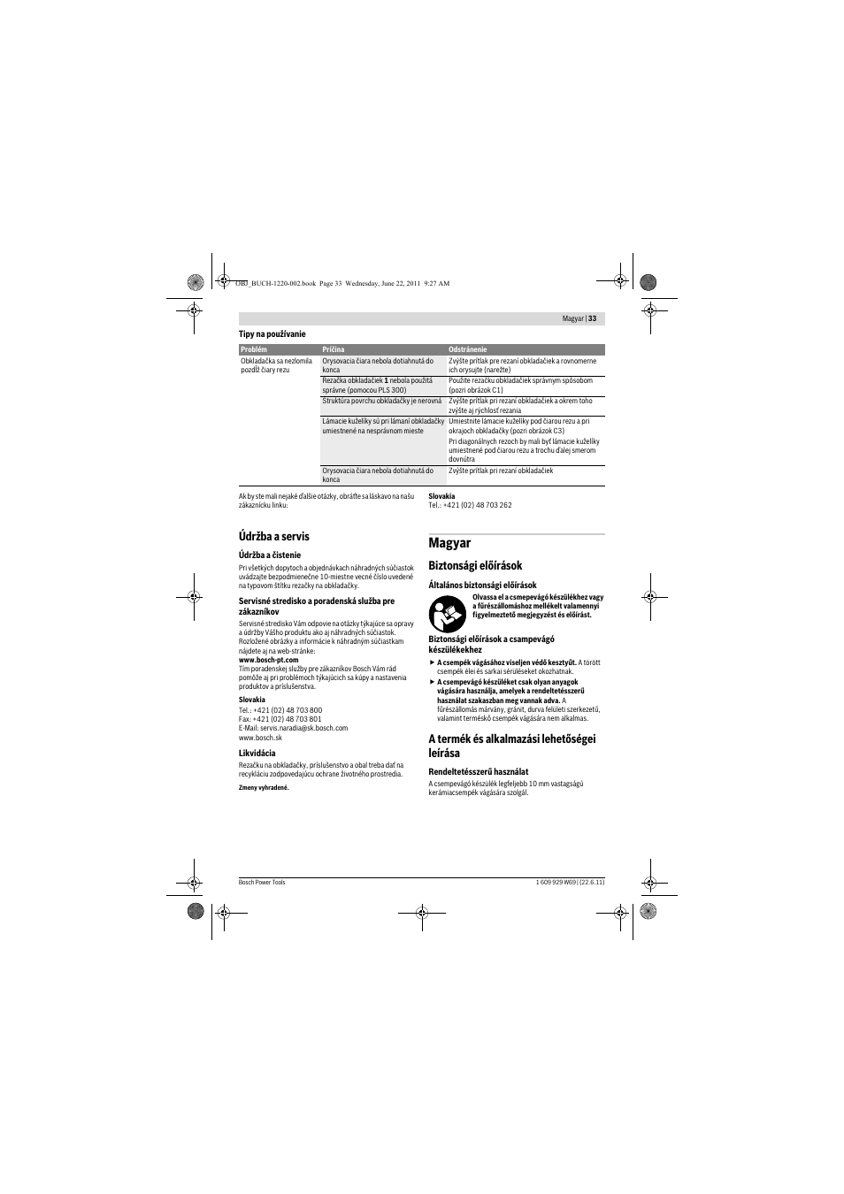 Magyar, Údržba a servis, Biztonsági előírások | A termék és alkalmazási lehetőségei leírása | Bosch PTC 1 User Manual | Page 33 / 54